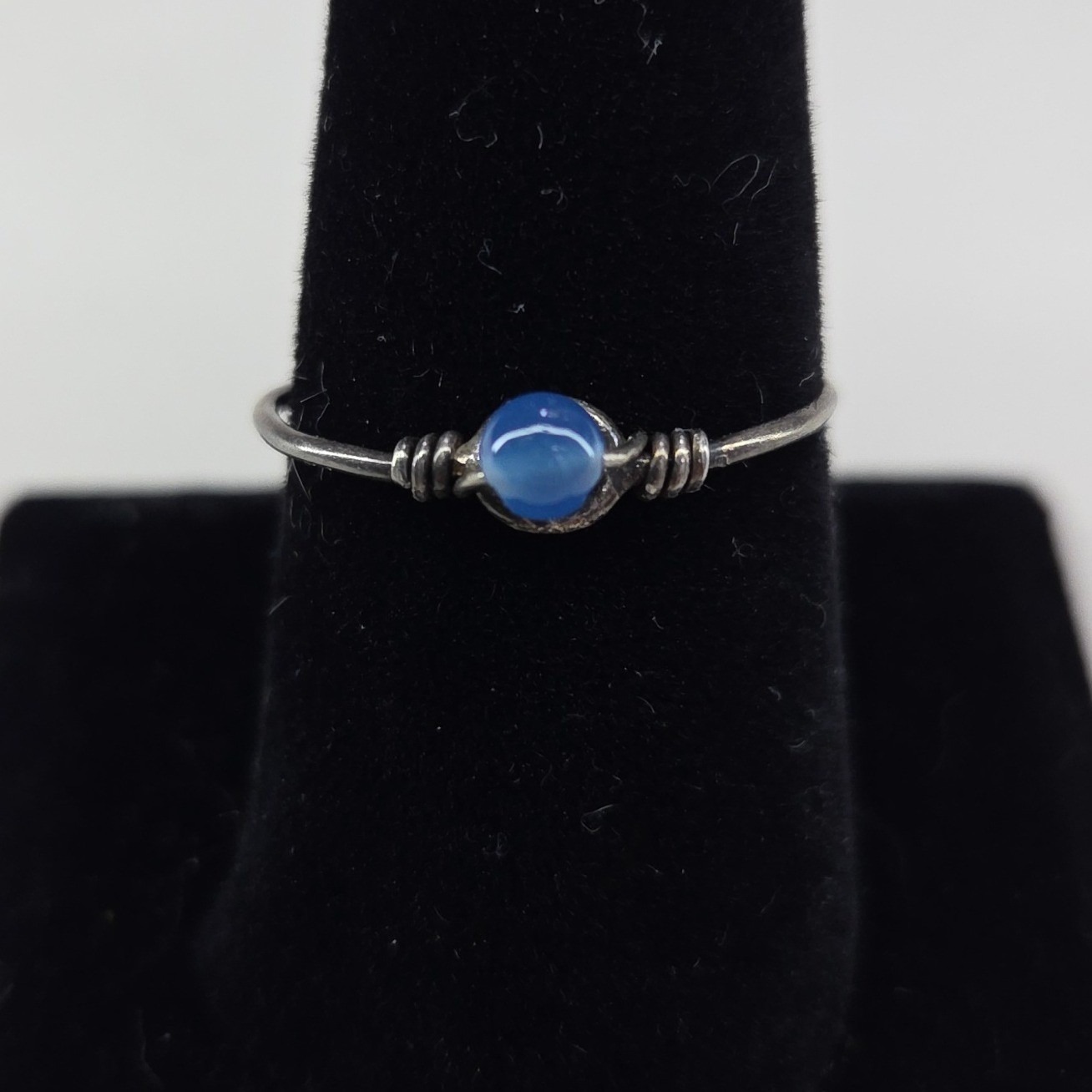 Handmade Silver Tone Blue Bead Wire Wrapped Ring Size 9 Boho Dainty